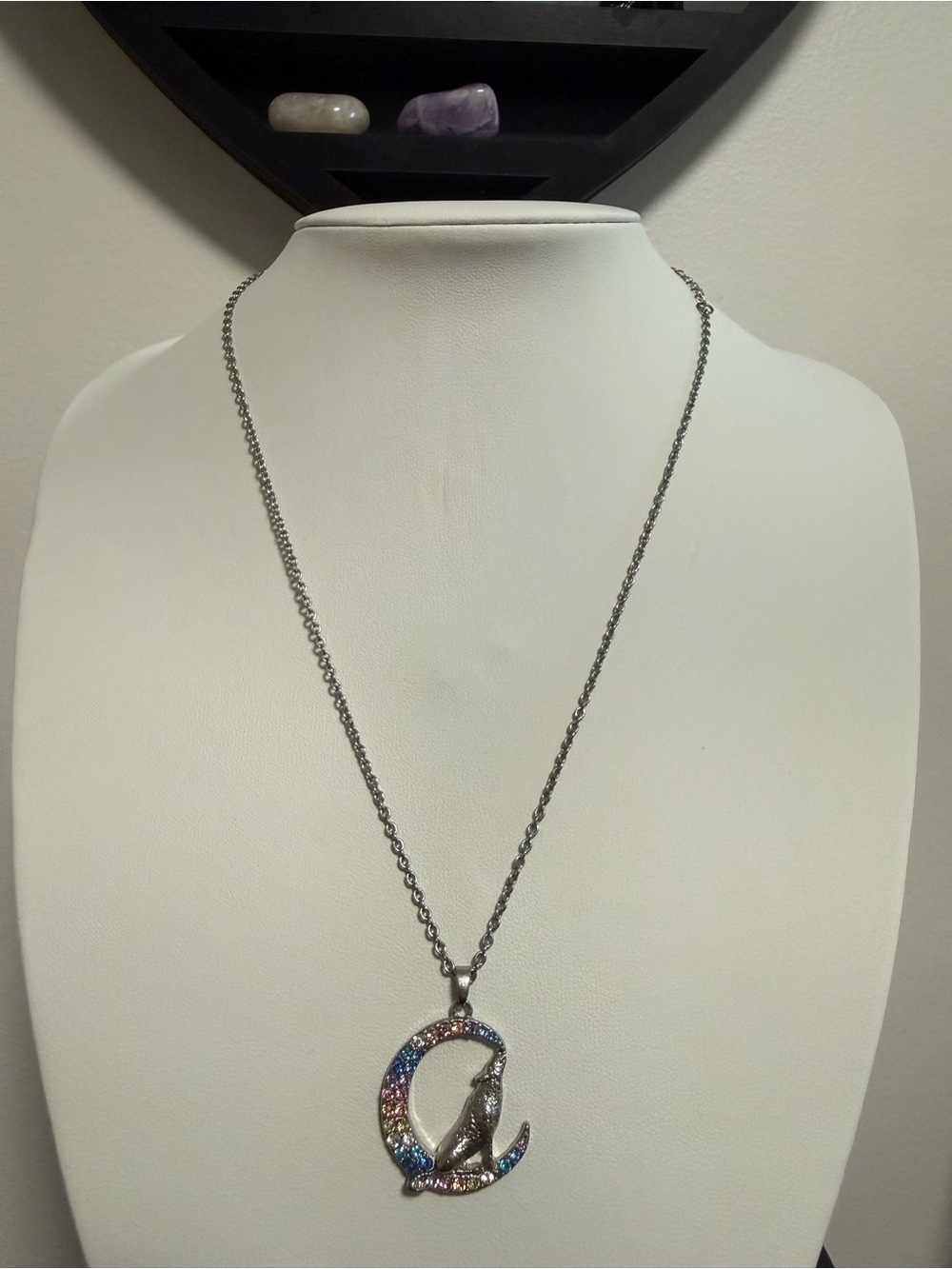 Silver-tone Wolf on Crescent Moon Necklace with Multicolor Crystals